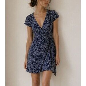 Brandy Melville Wrap Mini Dress Midnight Blue Ditsy Floral Size XS Viscose